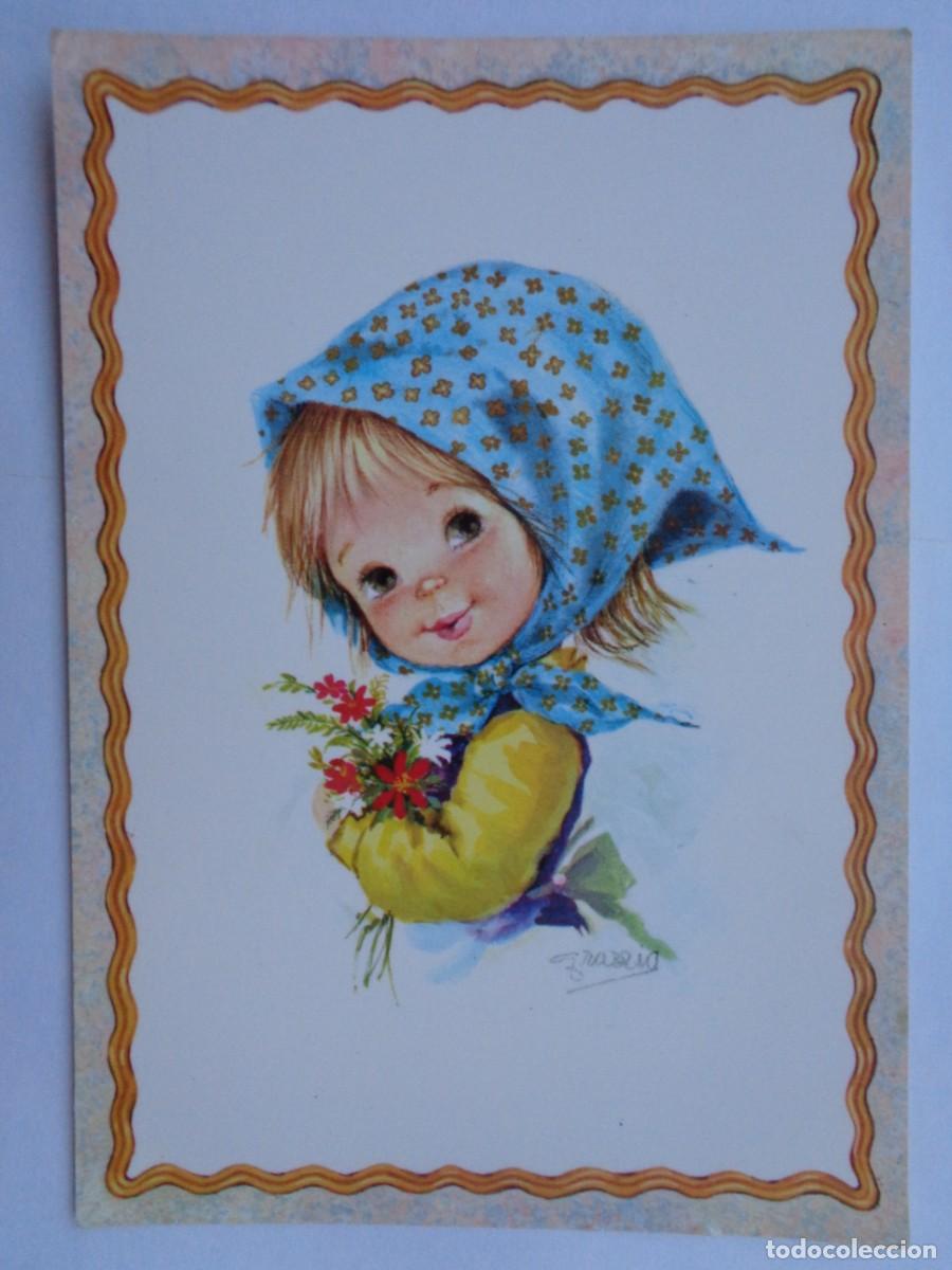 Postais: BONITA POSTAL CON DIBUJO DE NI&Ntilde;A CAMPESINA CON PA&Ntilde;UELO EN LA CABEZA Y RAMO DE FLORES . A&Ntilde;OS 70