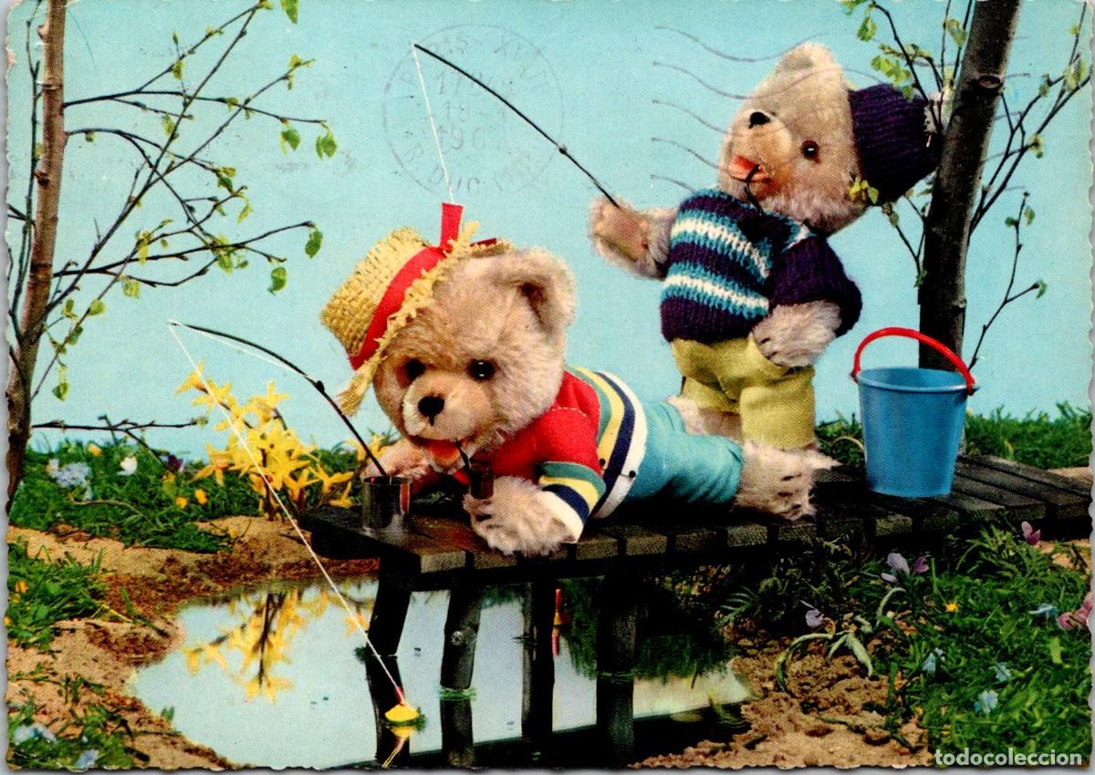 Postais: Pareja de Ositos de Peluche Pescando en el Lago - Postal Alemana - Kruger 900/110 - 145x102mm