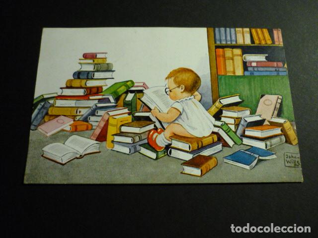 Cartoline: NI&Ntilde;O LEYENDO JOHN WILLS ILUSTRADOR POSTAL