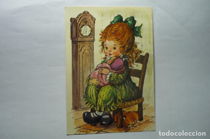 Cartoline: postal extranjera dibujo ni&ntilde;a con mu&ntilde;eca escrita