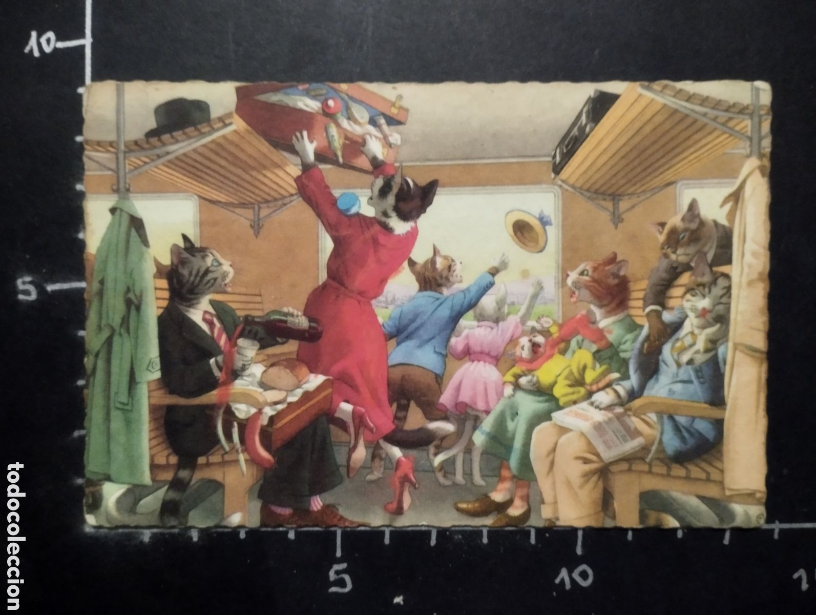 Cartoline: POSTAL. DIBUJOS - PERSONAJES GATUNOS VIAJANDO EN TREN. B&Eacute;LGICA. A&Ntilde;OS 60