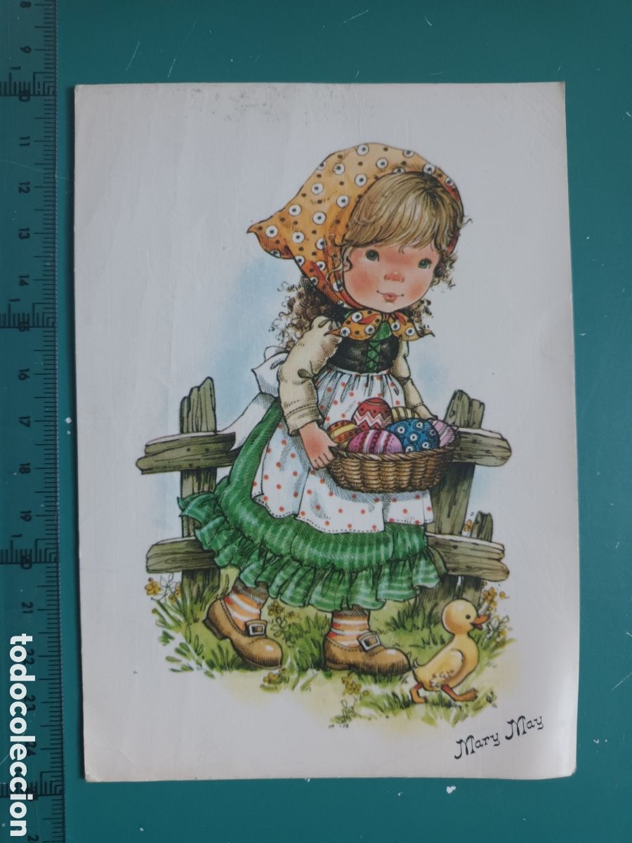 Postcards: Postal Mary May N&deg; 451 / 4 Ni&ntilde;a con pa&ntilde;uelo, pato, huevos de pascua, cesta