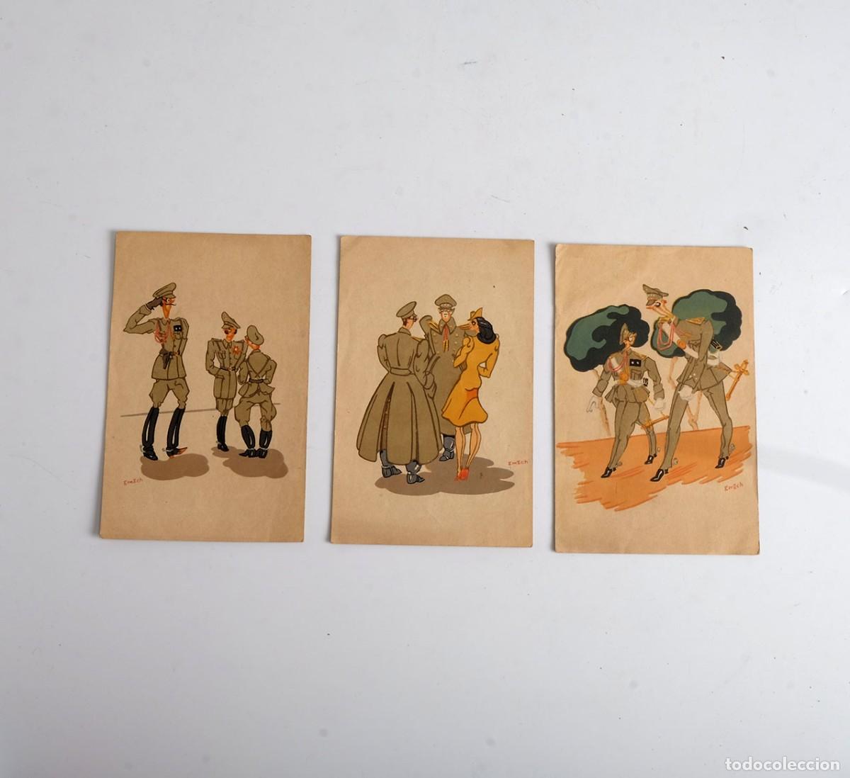 Postkarten: 3 antiguas postales con caricaturas de militares