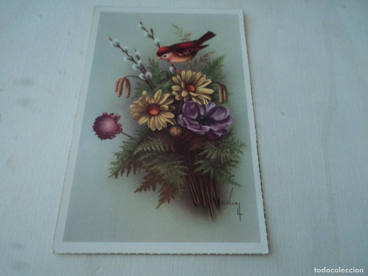 Cartoline: flores y pajarito, c y z 549/A, ilustra c. vives, circulada 1956