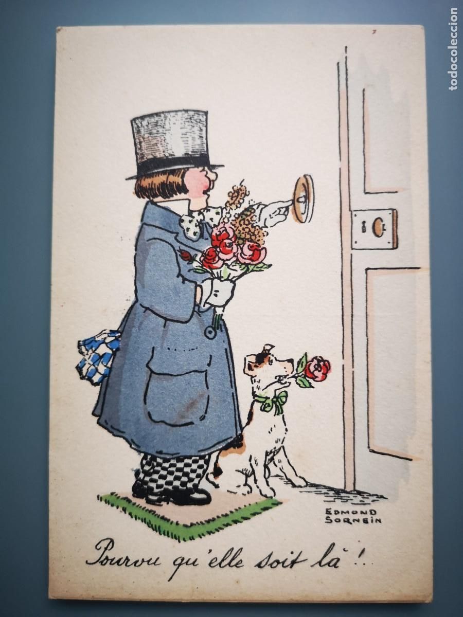 Postais: POSTAL ILUSTRADA GALANTE HOMBRE CON RAMO DE FLORES Y PERRO EDIC FRANCESA PERFECTA CONSERVAC
