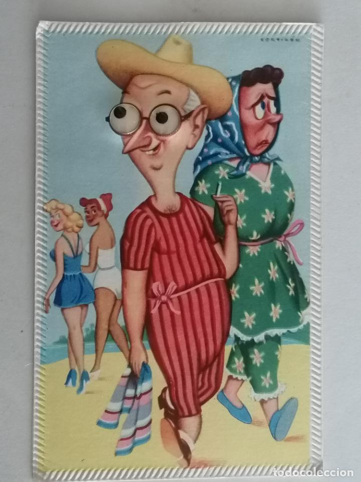 Postais: POSTAL CARICATURA, PAREJA EN LA PLAYA, MUEVE LOS OJOS, CREACIONES CIMER, N&ordm; 109