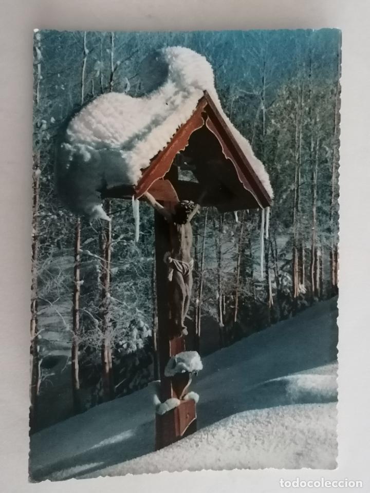 Postais: POSTAL ESCULTURA DE CRUCIFIJO EN LA MONTA&Ntilde;A, ESCRITA 1956