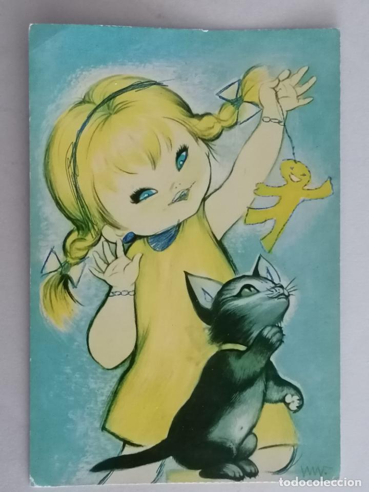 Postais: POSTAL DIBUJO NI&Ntilde;A Y GATO JUGANDO