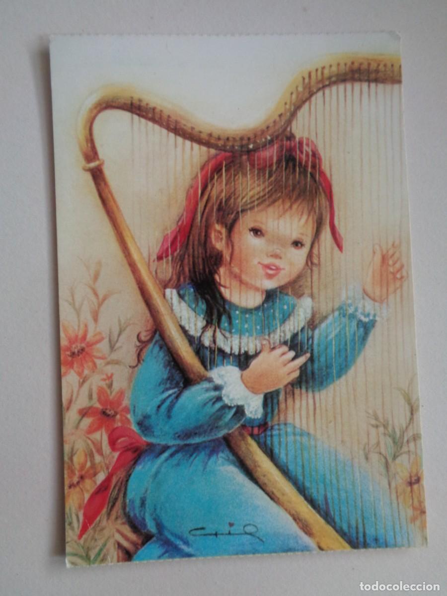 Postais: POSTAL CON BONITO DIBUJO DE CHICA TOCANDO EL ARPA : MUSICIENS . A&Ntilde;OS 70