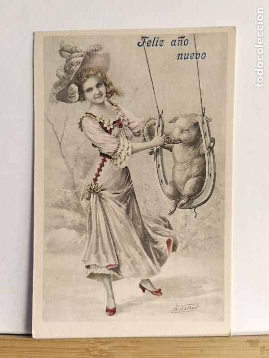 Postais: LA MUJER QUE COLUMPIABA A UN CERDITO - FELIZ A&Ntilde;O NUEVO - POSTAL ANTIGUA -(107.218)