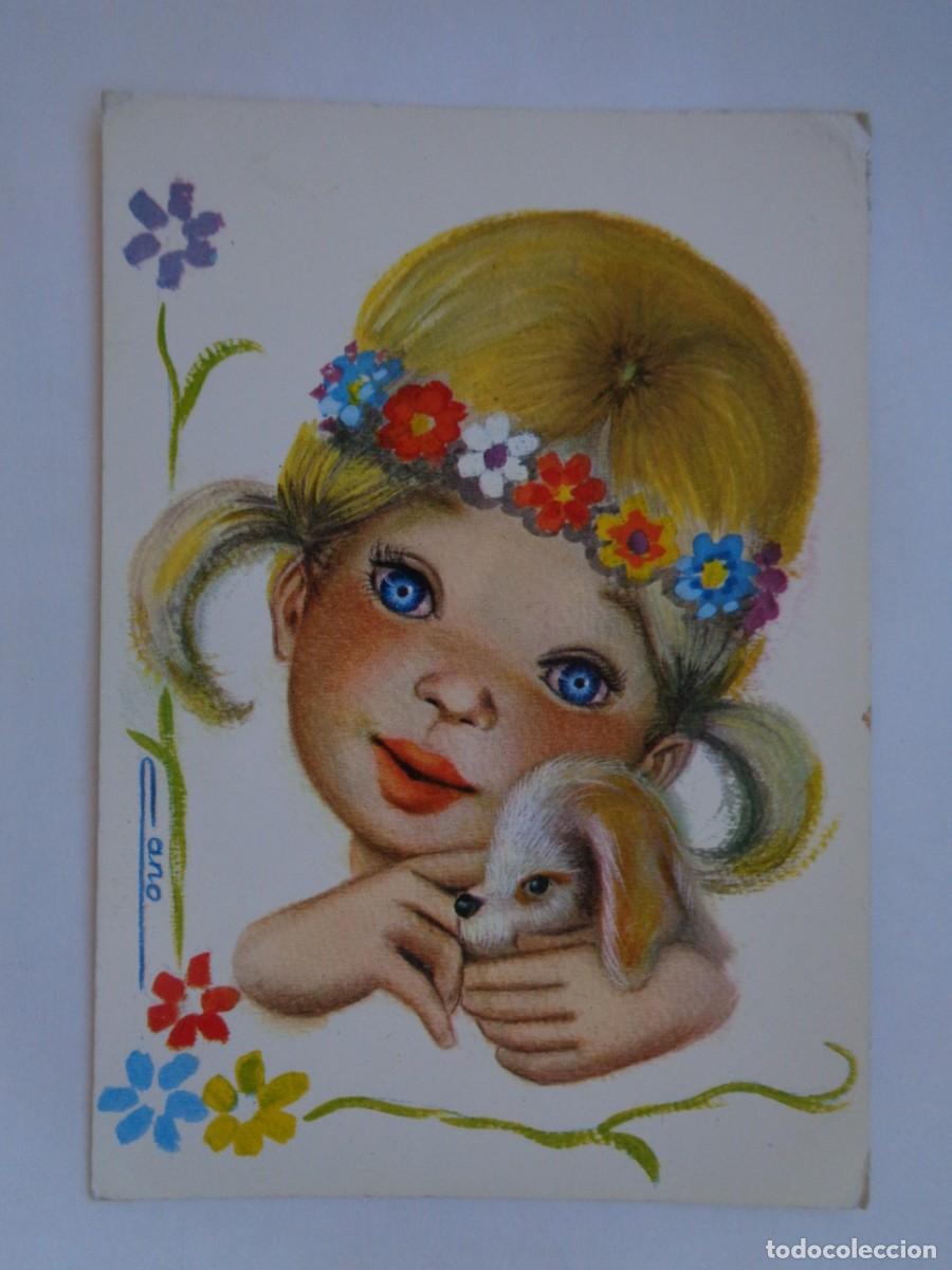Postcards: PRECIOSA POSTAL CON BONITO DIBUJO DE NI&Ntilde;A CON PERRO . A&Ntilde;OS 70