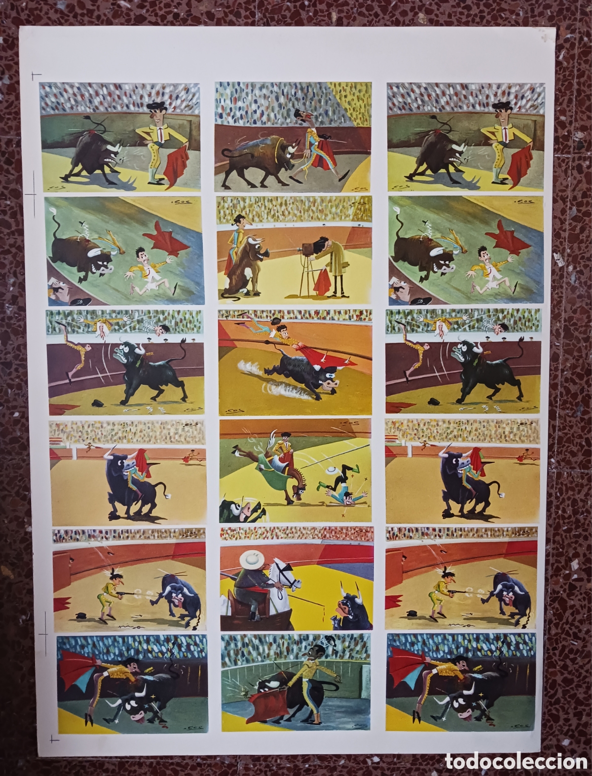 Postales: Lamina con 18 postales de dibujo humoristico, toros. 50 x 69 . Vell I Bell.