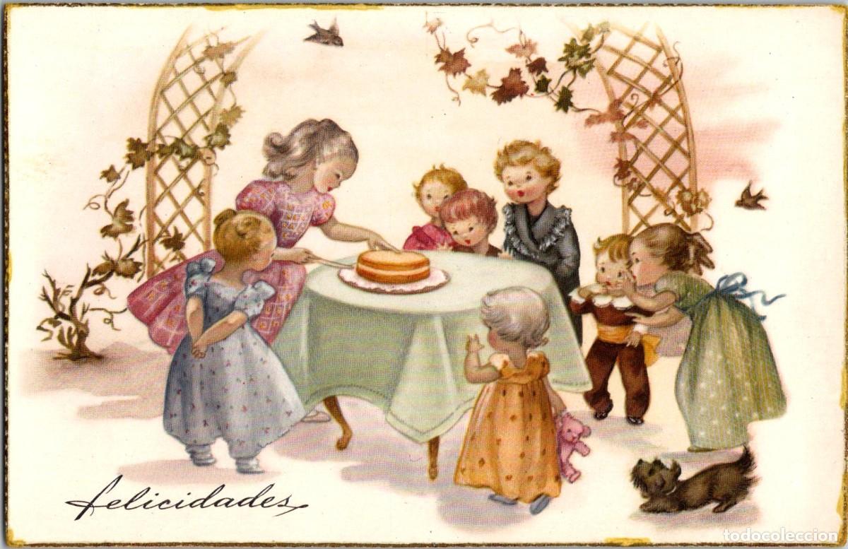 Cartoline: Felicitaci&oacute;n Infantil - Repartiendo el pastel - Ilustra ? - Ancla n&ordm; 2039 - Bordes dorados -138x90mm
