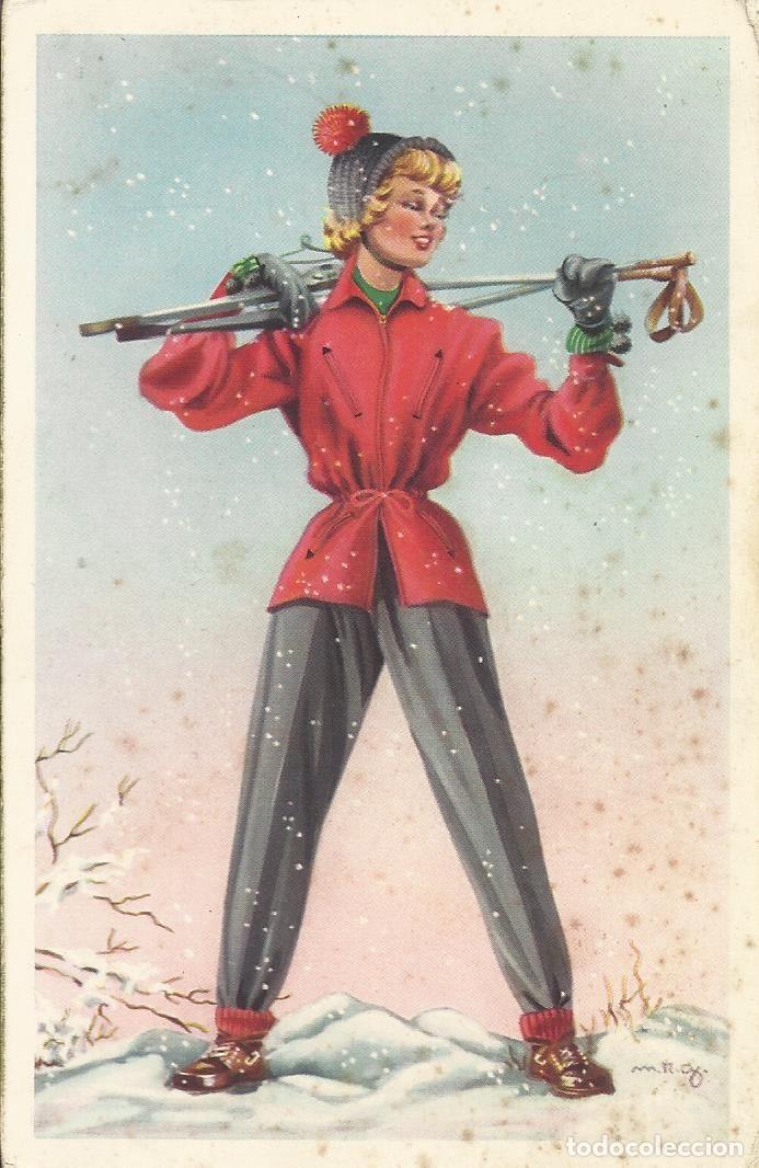 Postais: Mujer con vestimenta de esqu&iacute;. Palos de esqu&iacute;. Postal. 9x14 cm. MRG.