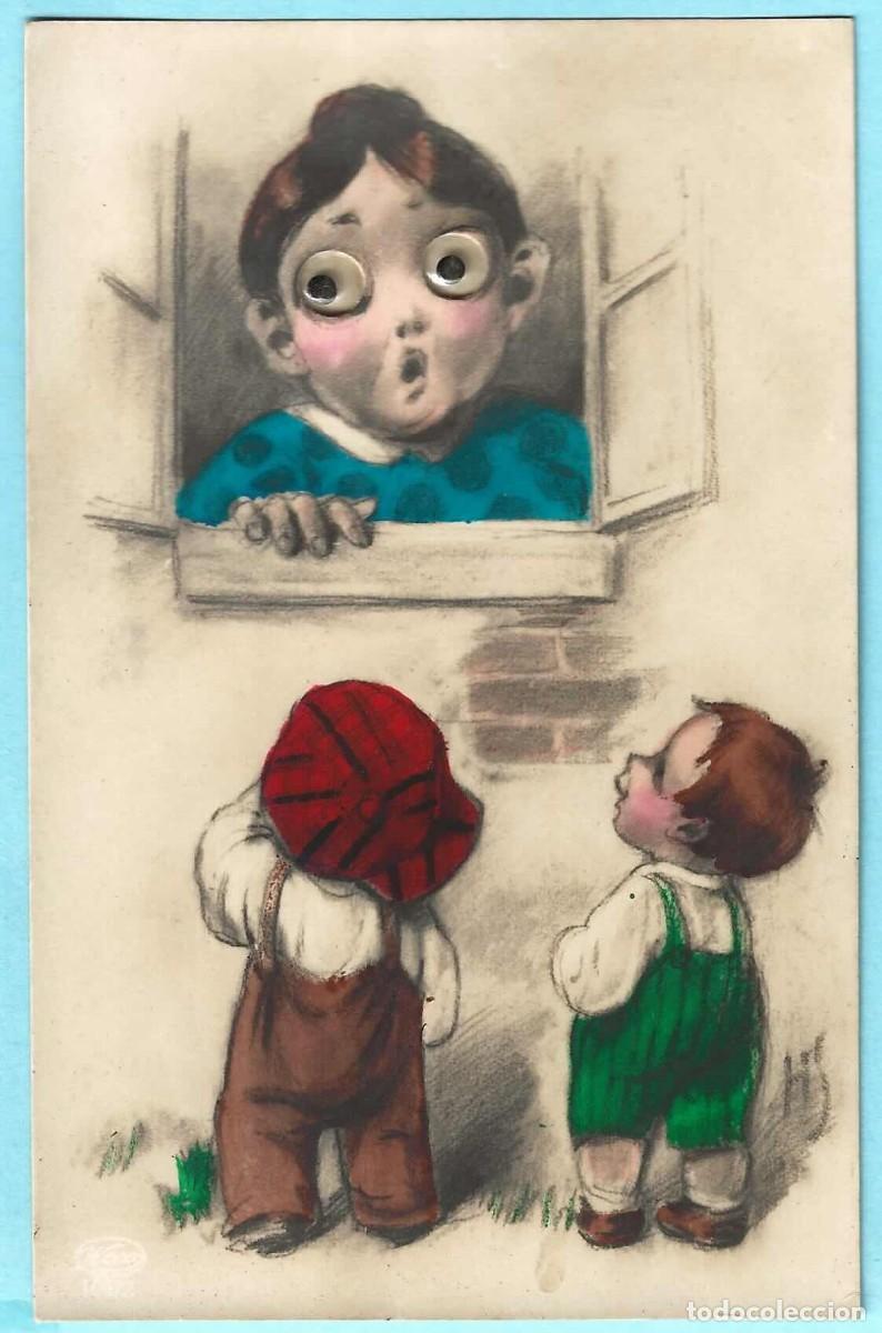 Postcards: MUJER MIRA POR LA VENTANA A NI&Ntilde;OS, OJOS M&Oacute;VILES. HS. DRGM 902749. 1928