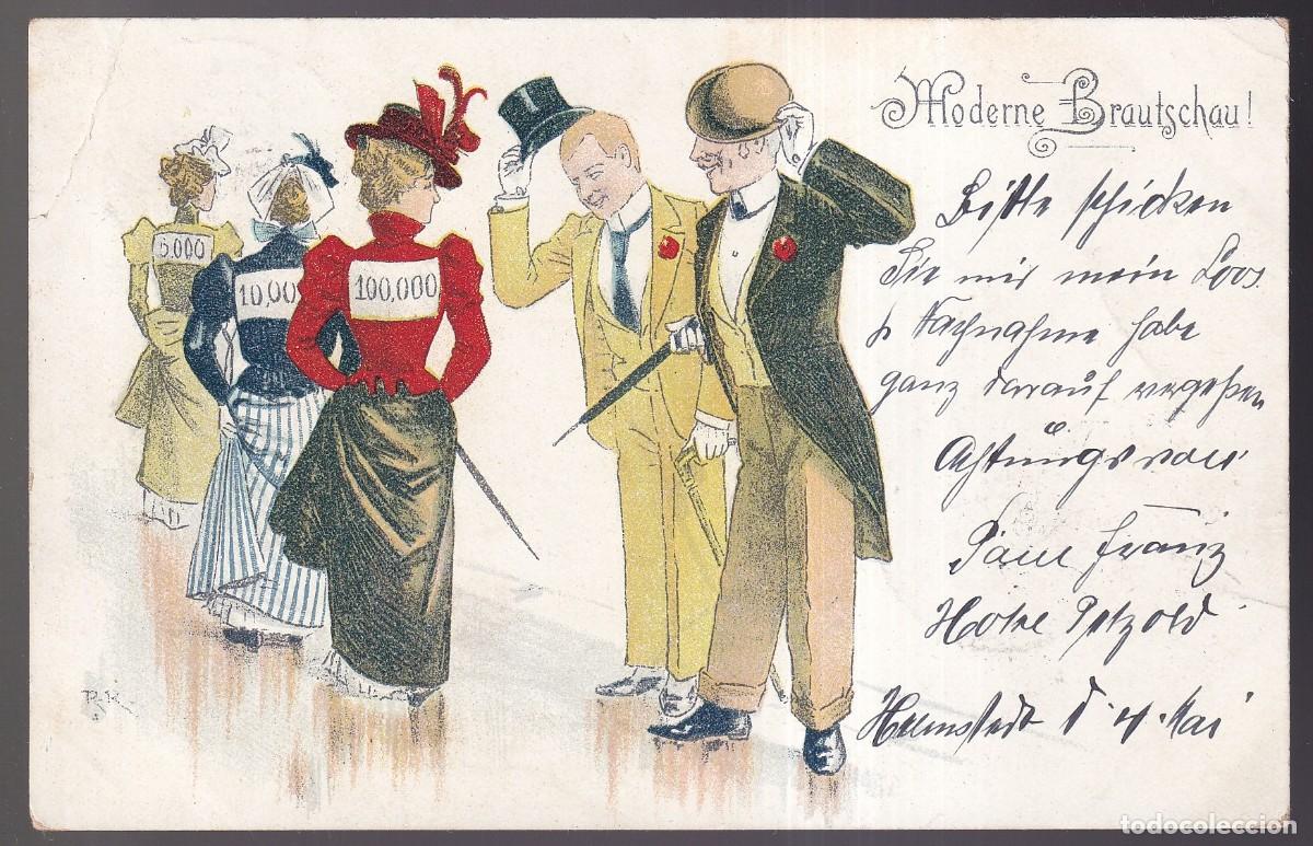 Postkarten: *Moderne Brautschau !* Edici&oacute;n alemana. Circulada 1900.