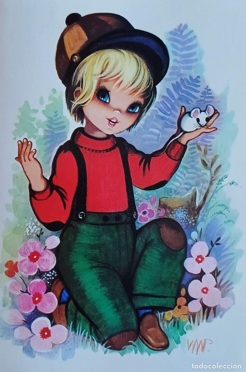Cartes Postales: Ni&ntilde;o con rat&oacute;n y flores.