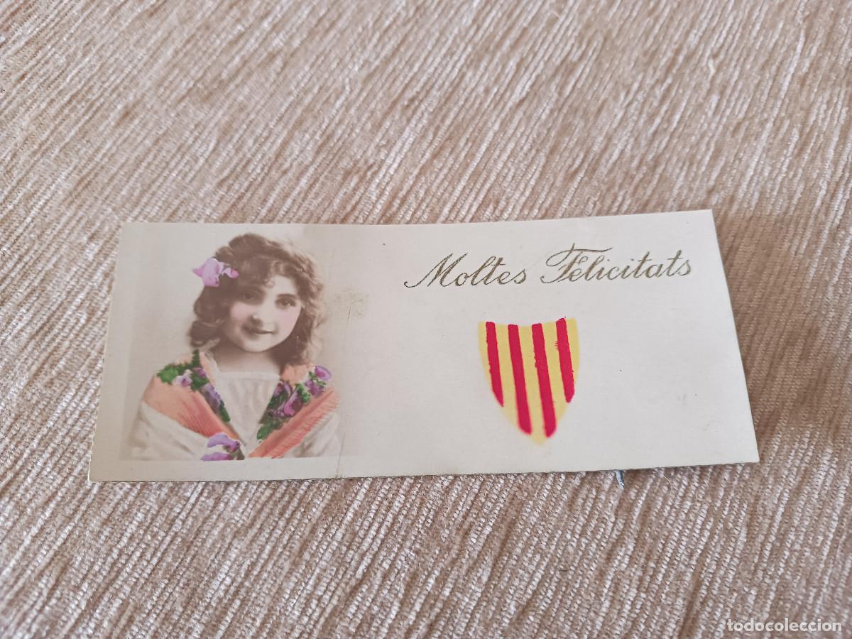 Cartoline: antigua tarjeta de moltes felicitats, bandera catalana, 12 x 5 cm