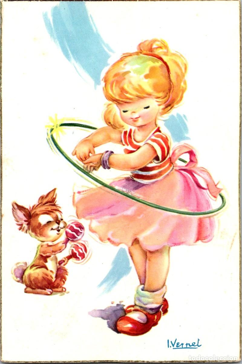 Postkarten: Ni&ntilde;a con el Hula Hop-Gato con maracas- Ilustra: I. Vernet-Ed. C.yZ. n&ordm; 531/B-Bordes dorados-138x92mm