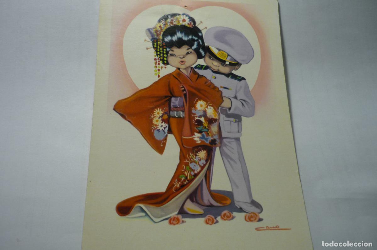 Postkarten: postal dibujocano pareja orientales -escrita