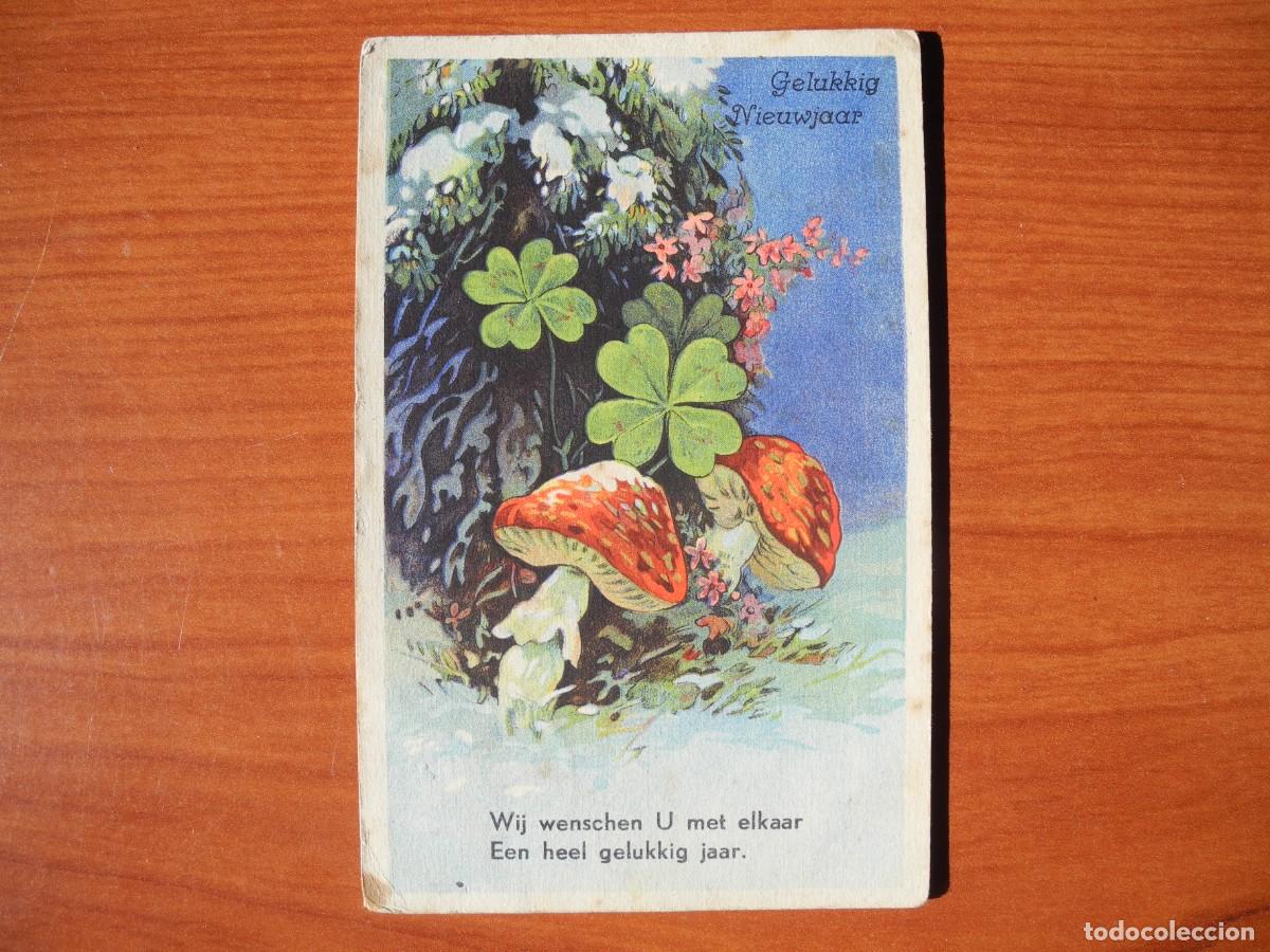 Cartoline: Postal de Navidad. Trebol de 4 hojas Setas. 14x9. Circulada sin sello 1940.