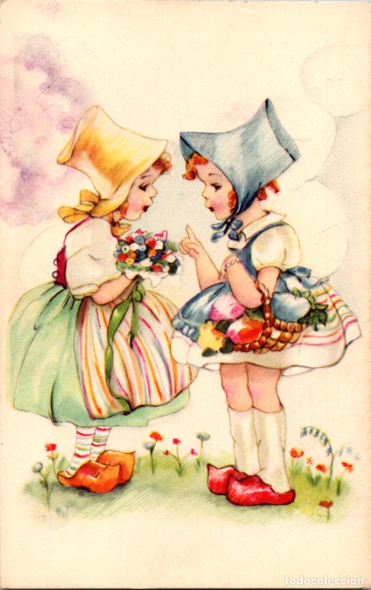 Postkarten: Ni&ntilde;as - Zuecos - Ramo de flores - Tocados - Postal Infantil Belga - Ed. Coloprint n&ordm; 5036 - 140x89mm