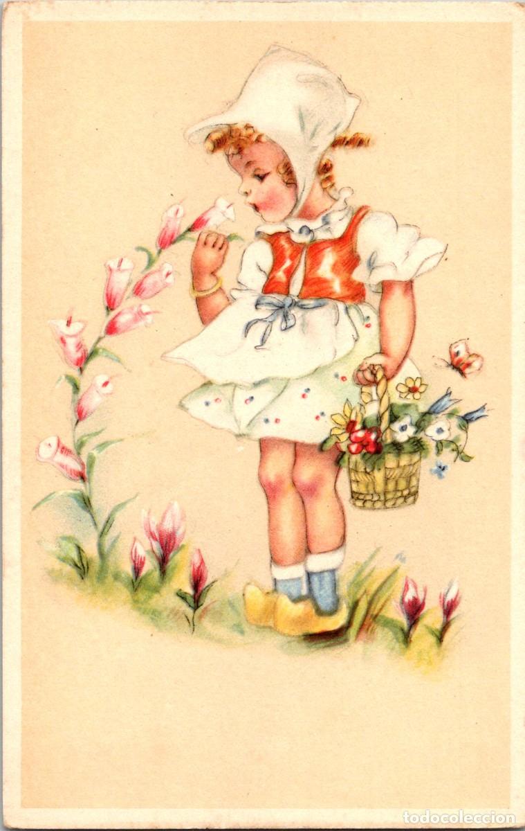 Postkarten: Ni&ntilde;a - Zuecos - Flores - Tocado - Postal Infantil Belga - Ed. Coloprint n&ordm; 5006 - 140x90mm