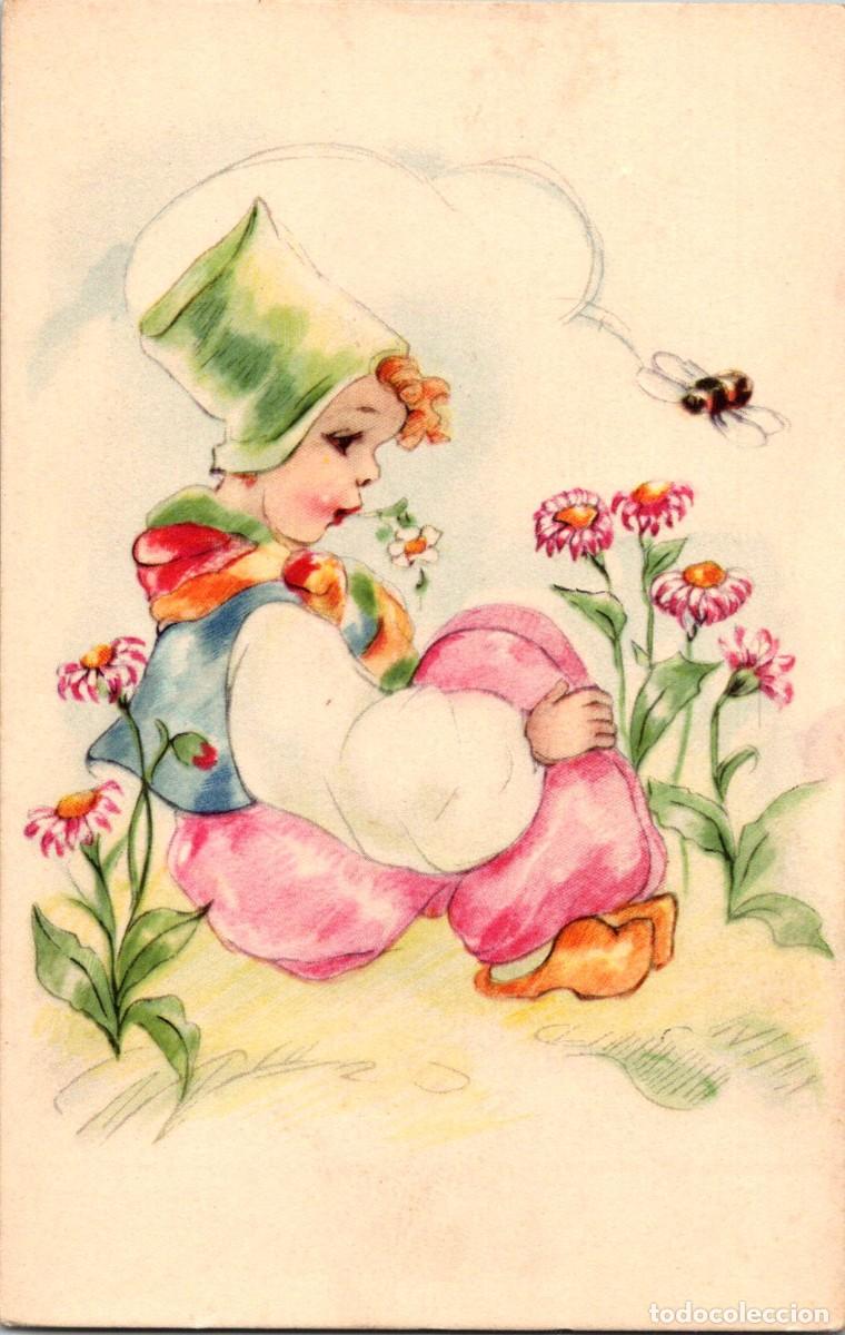 Postkarten: Ni&ntilde;a - Flores - Abeja - Tocado - Postal Infantil Belga - Ed. Coloprint n&ordm; 5046 - 140x90mm