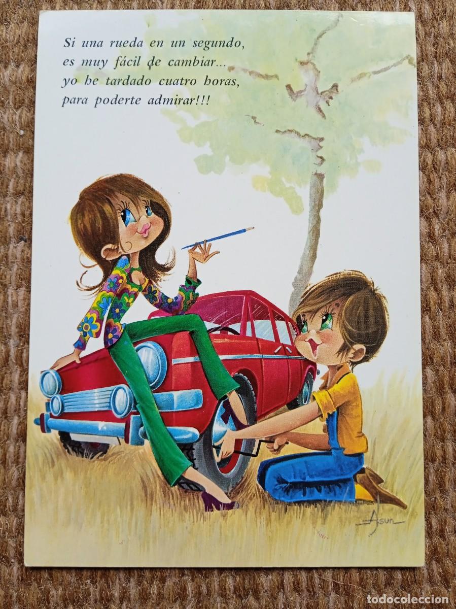 Cartes Postales: PAREJA CAMBIANDO RUEDA DE COCHE - ILUSTRACION ASUN