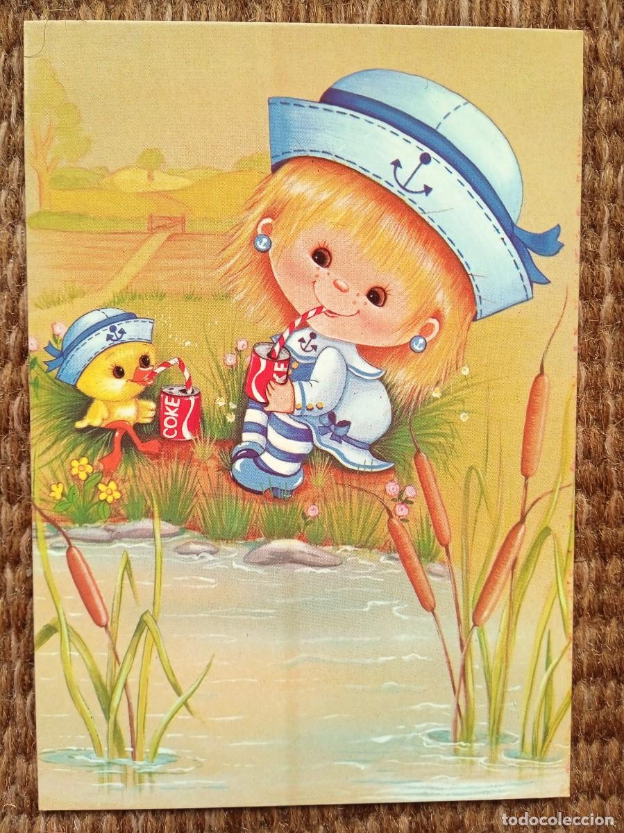Postcards: NI&Ntilde;A Y POLLITO BEBIENDO COCA-COLA