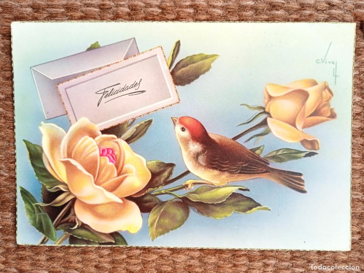 Postcards: FELICIDADES - PAJARO Y ROSA - ILUSTRACION VIVES