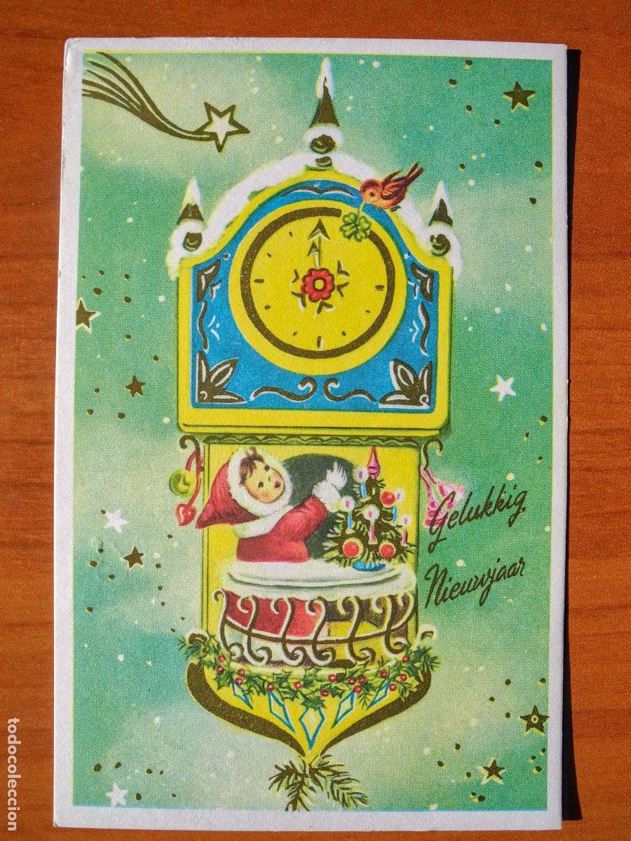 Postkarten: Feliz a&ntilde;o nuevo. Reloj. Trazos dorados. Escrita 9x14
