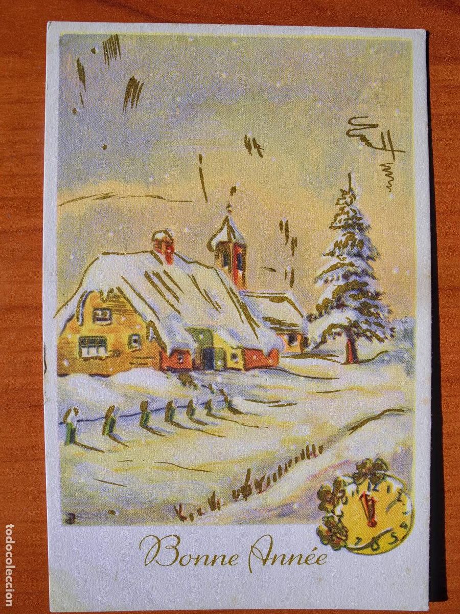 Postkarten: Feliz a&ntilde;o nuevo. Reloj. Paisaje nevado. Trazos dorados. Circulada con sello. 9x14