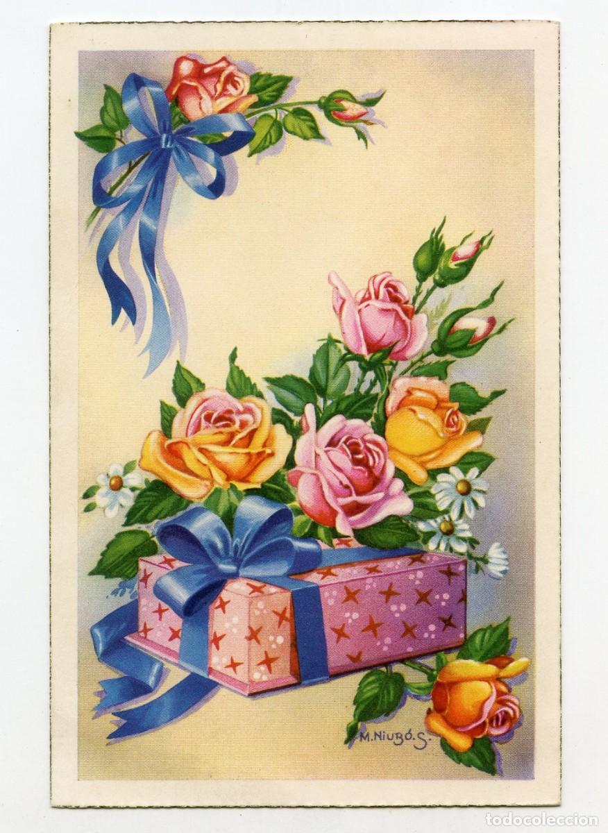 Cartoline: Antigua postal felicitaci&oacute;n, motivo floral y regalo. Escrita N/C