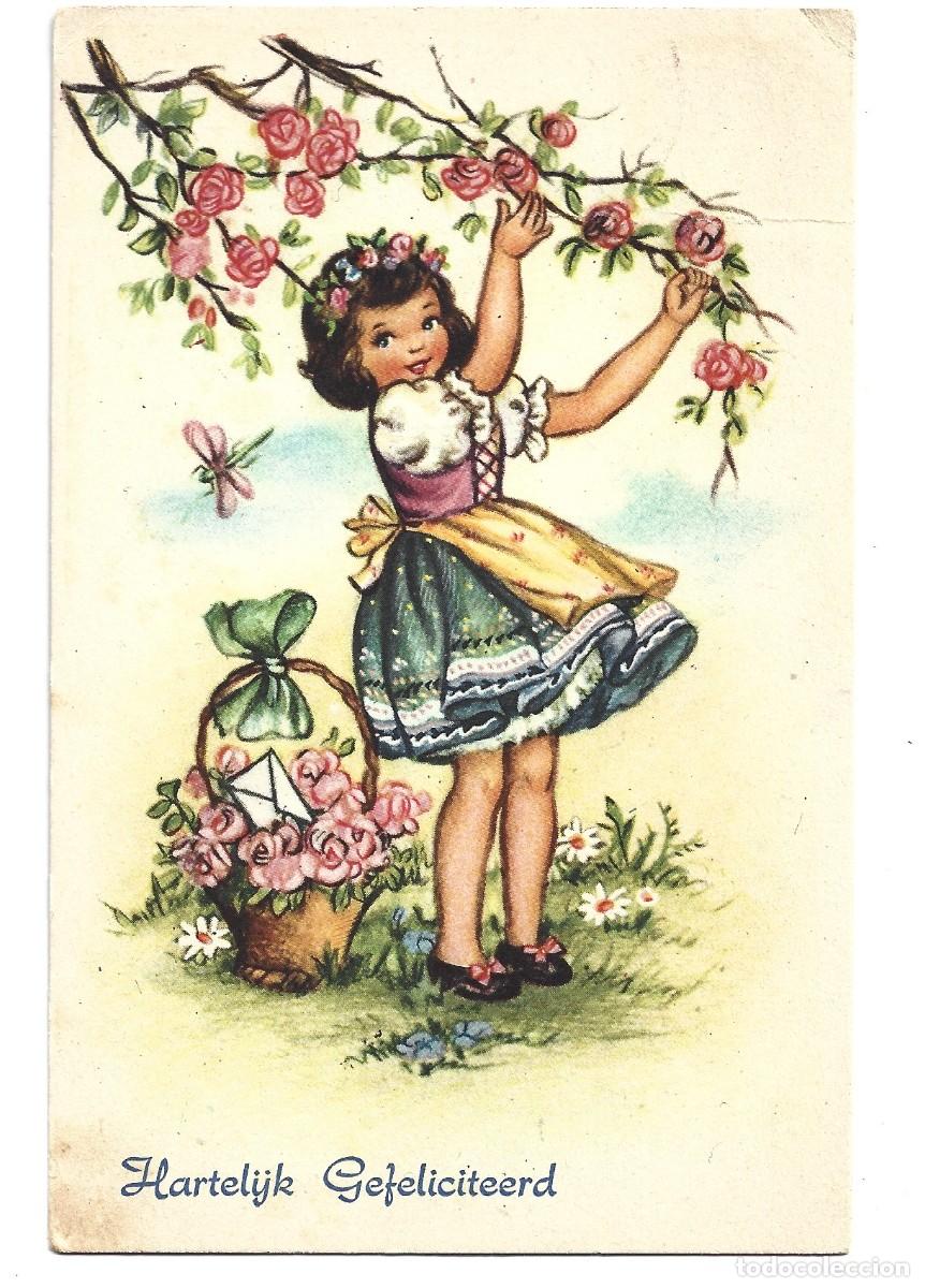 Postcards: POSTAL DE DIBUJOS NI&Ntilde;A CON LAS FLORES CIRCULADA EL A&Ntilde;O 1954 EN HOLANDA