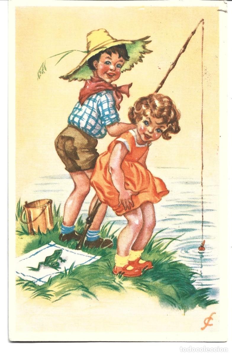 Postcards: POSTAL DE DIBUJOS PAREJA EN EL RIO PESCANDO CIRCULADA EL A&Ntilde;O 1954 EN HOLANDA