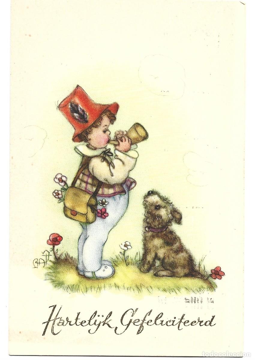 Cartoline: POSTAL DE DIBUJOS NI&Ntilde;O CON PERRO CIRCULADA EL A&Ntilde;O 1959 SIN SELLO EN HOLANDA