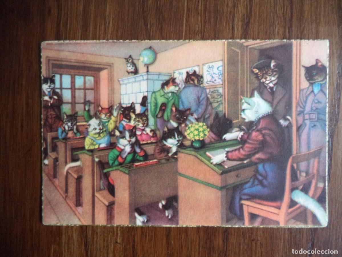 Postais: Postal dibujada,escena de gatos en una escuela.