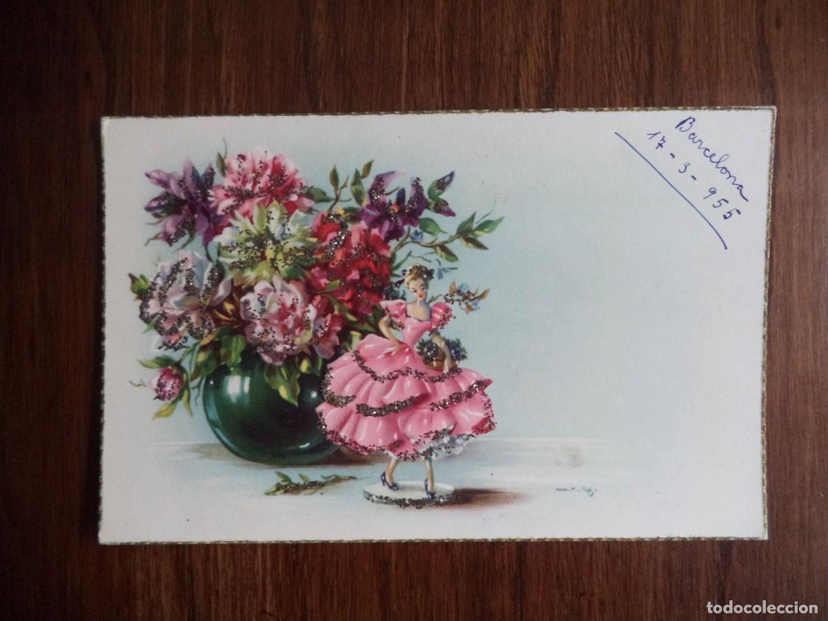 Postais: Postal dibujada, jarro de flores y figura .Trazos con purpurina.