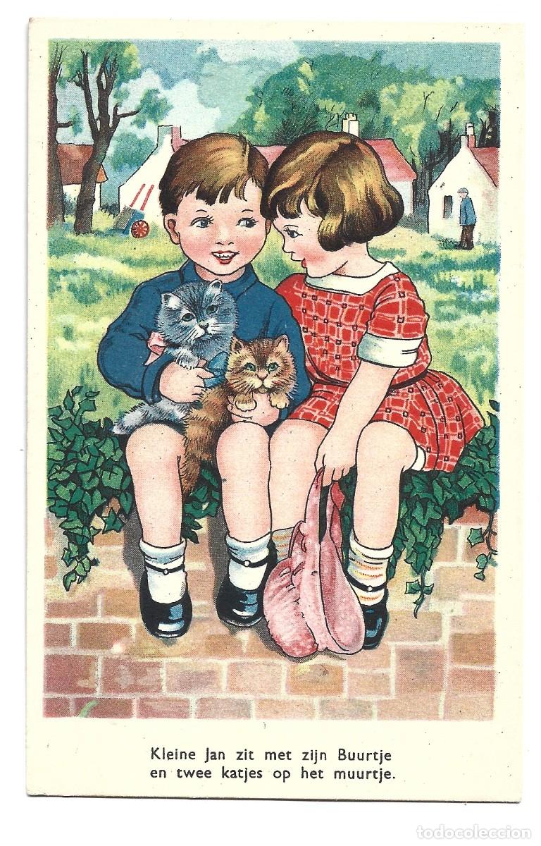 Postais: POSTAL DE DIBUJOS MI&Ntilde;OS PAREJA JUEGAN CON LOS GATOS SIN CIRCULAR