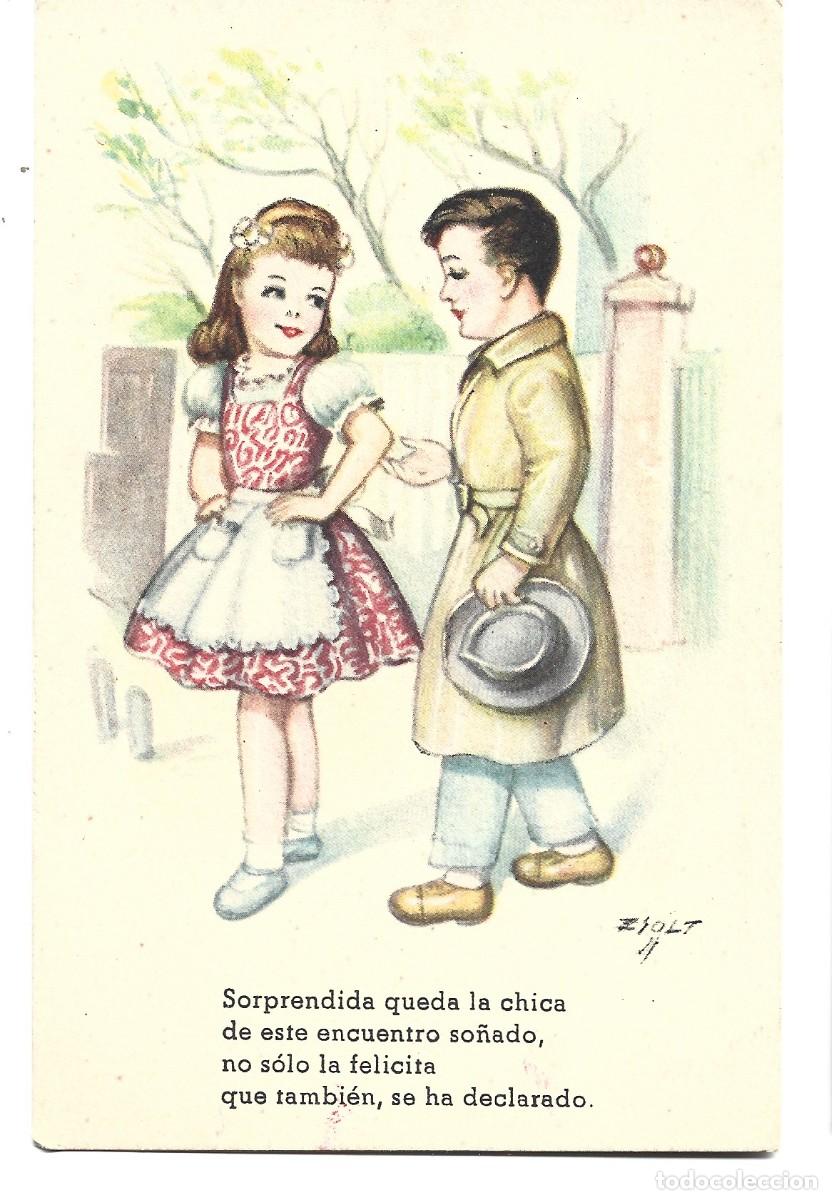 Postais: POSTAL DE DIBUJOS MI&Ntilde;OS PAREJA SALUDAN EDITO C M B ESCRITA EL A&Ntilde;O 1949