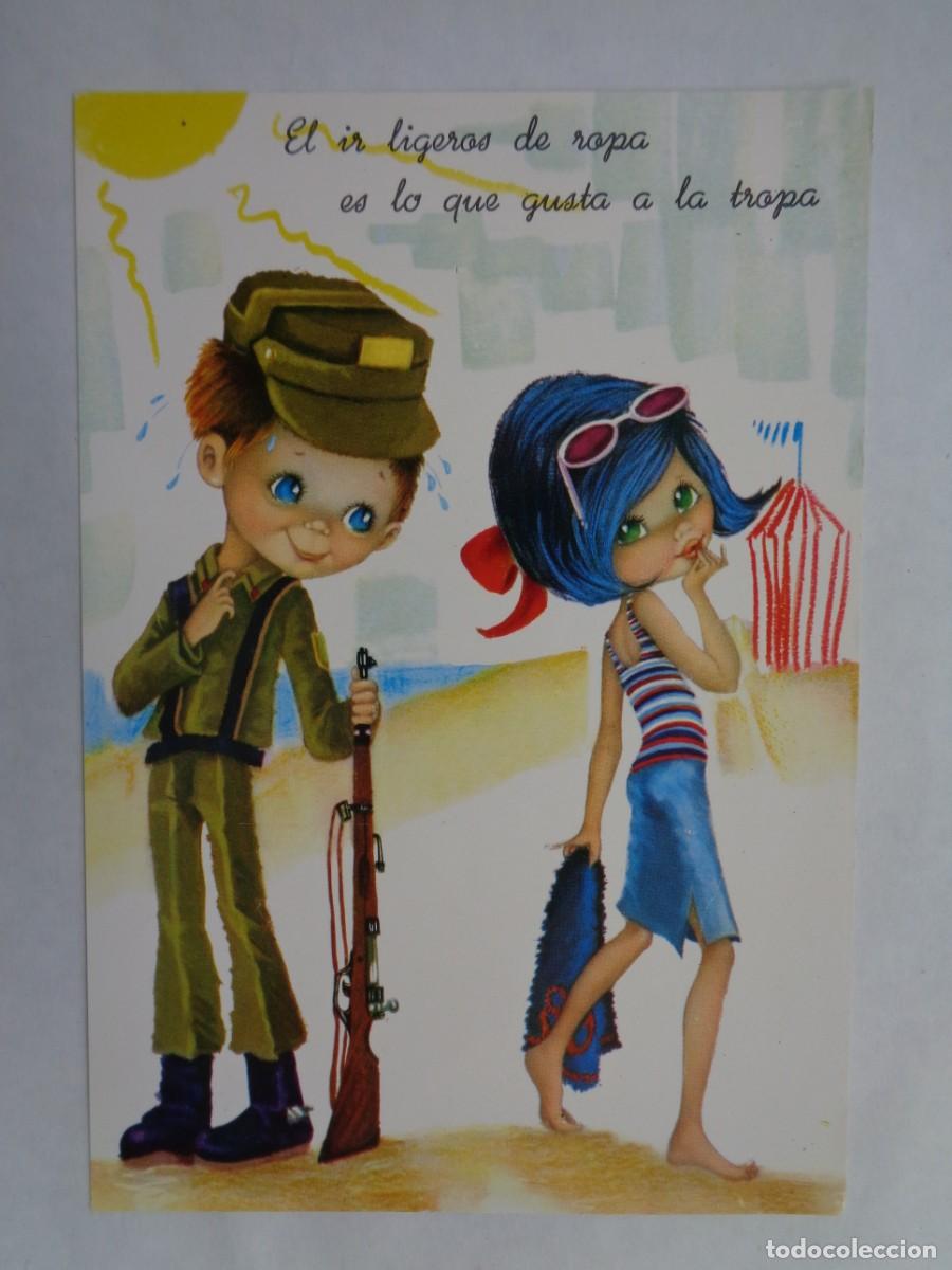 Cartoline: BONITA POSTAL CON DIBUJO DE PAREJA DE JOVENES , &Eacute;L MILITAR . A&Ntilde;OS 60