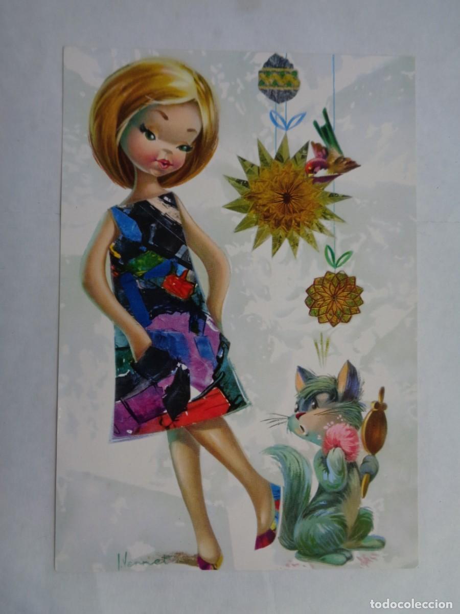 Cartoline: BONITA POSTAL CON DIBUJO DE CHICA CON GATO. A&Ntilde;OS 60