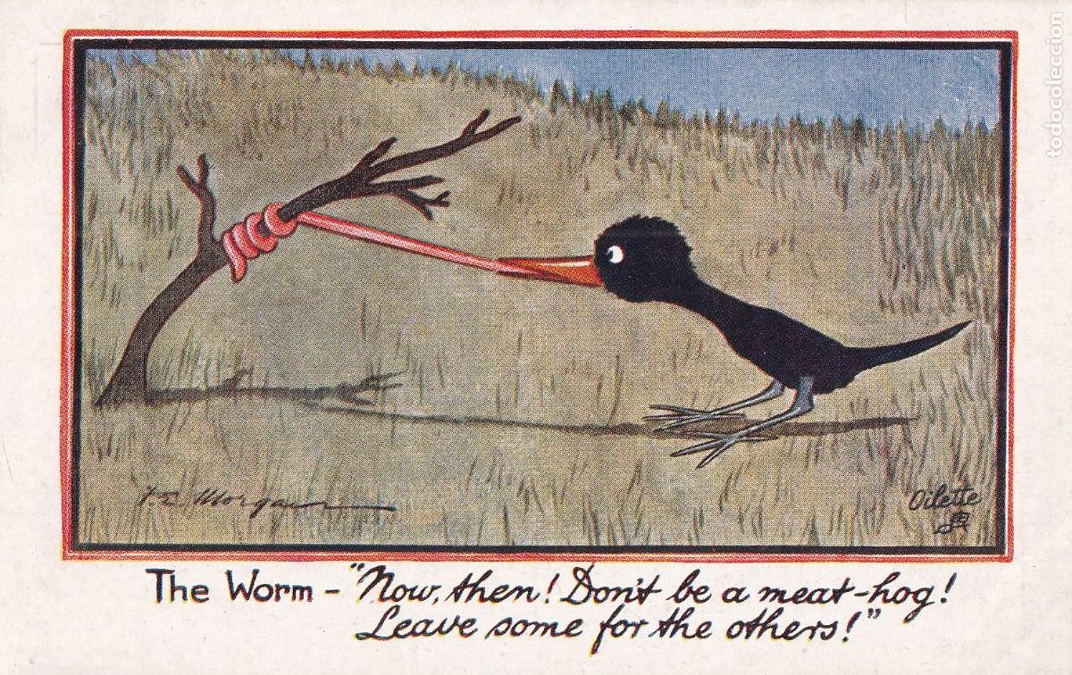 Postais: Postal ilustrada por Oilette. Ilustrador ingles. Pajarito comiendo lombriz.