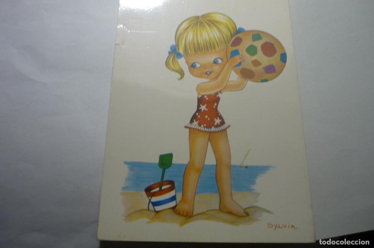 Postais: postal ni&ntilde;a playa -dibujo sylvia cm