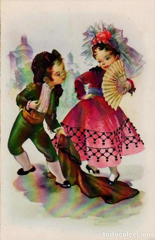 Cartoline: Ni&ntilde;os con traje goyesco. Preciosa postal. A&ntilde;os 50 h aa