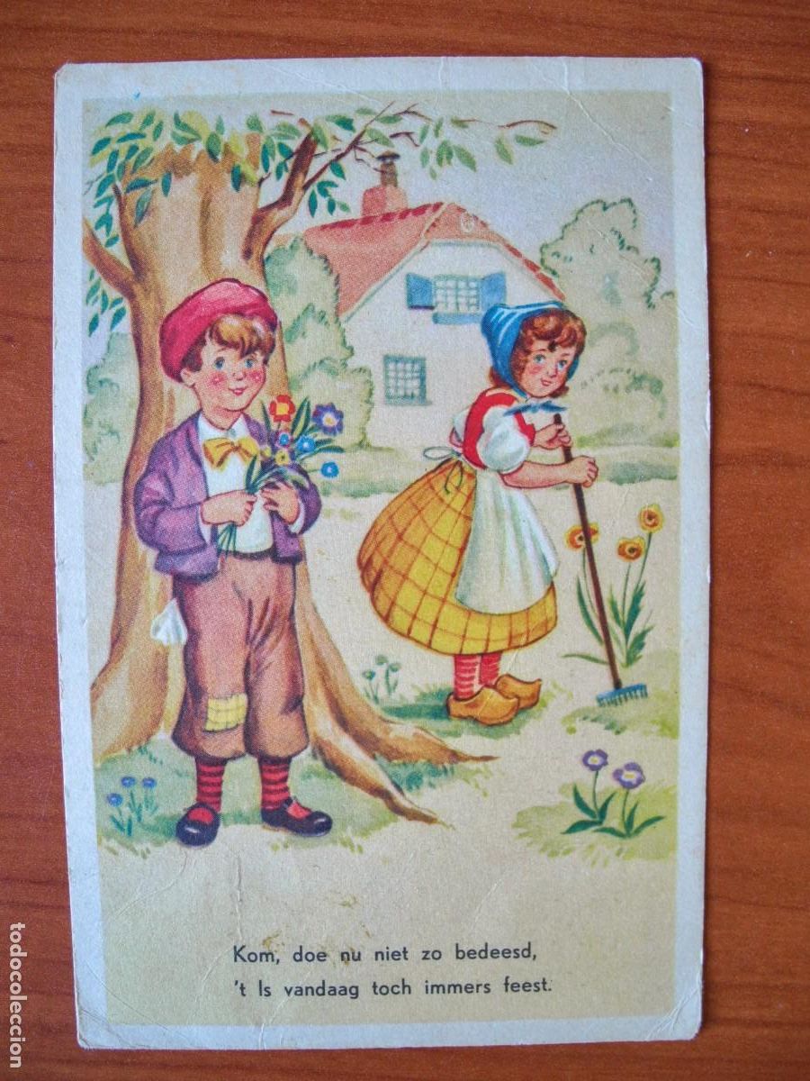 Postais: Ni&ntilde;o y ni&ntilde;a. Jard&iacute;n y flores. Circulada sin sello 1962 14x9