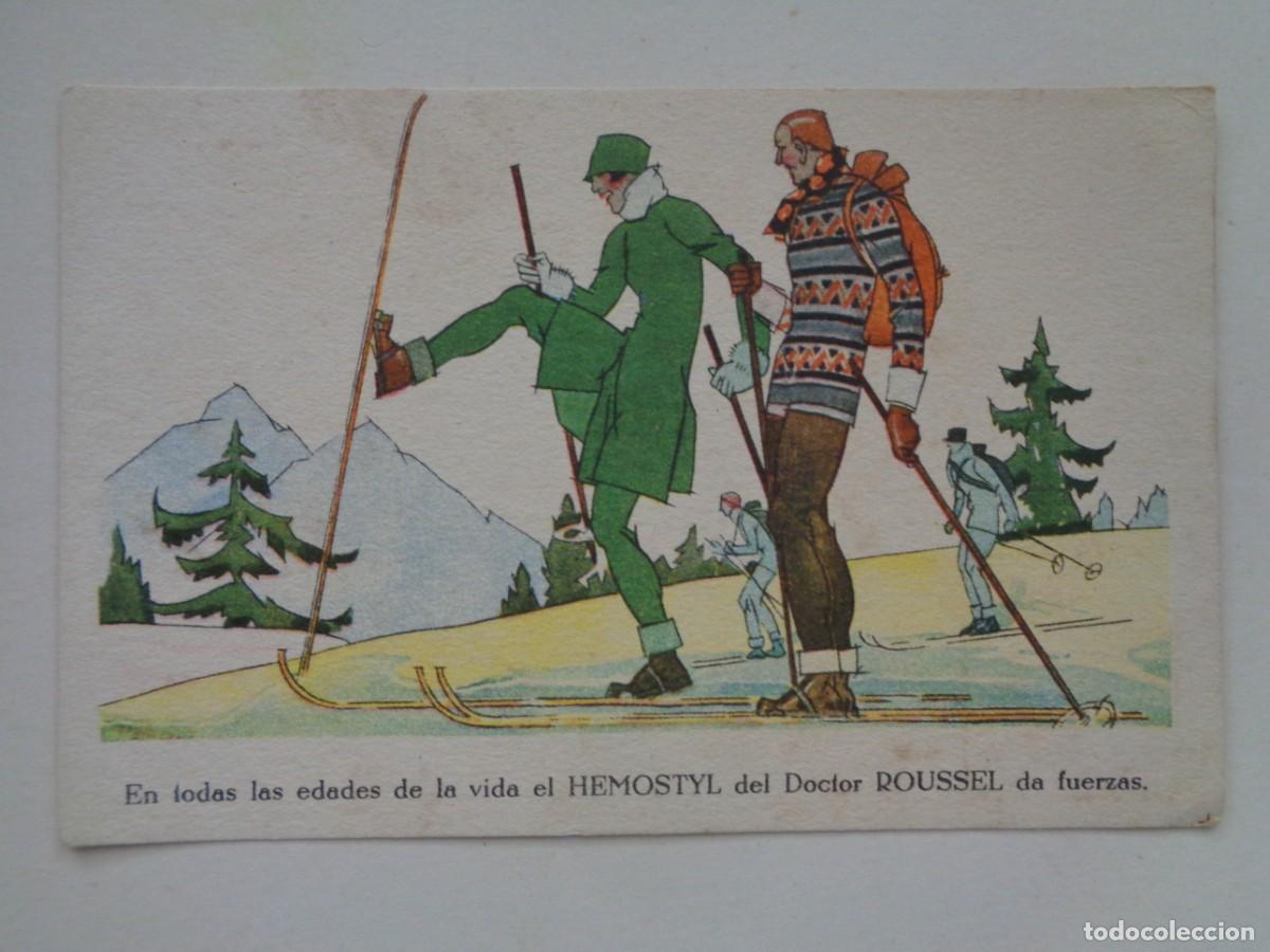 Postais: POSTAL PUBLICITARIA DE HEMOSTYL DEL DOTOR ROUSSEL . CON DIBUJO DE ESQUIADORES. A&Ntilde;OS 30 - 40