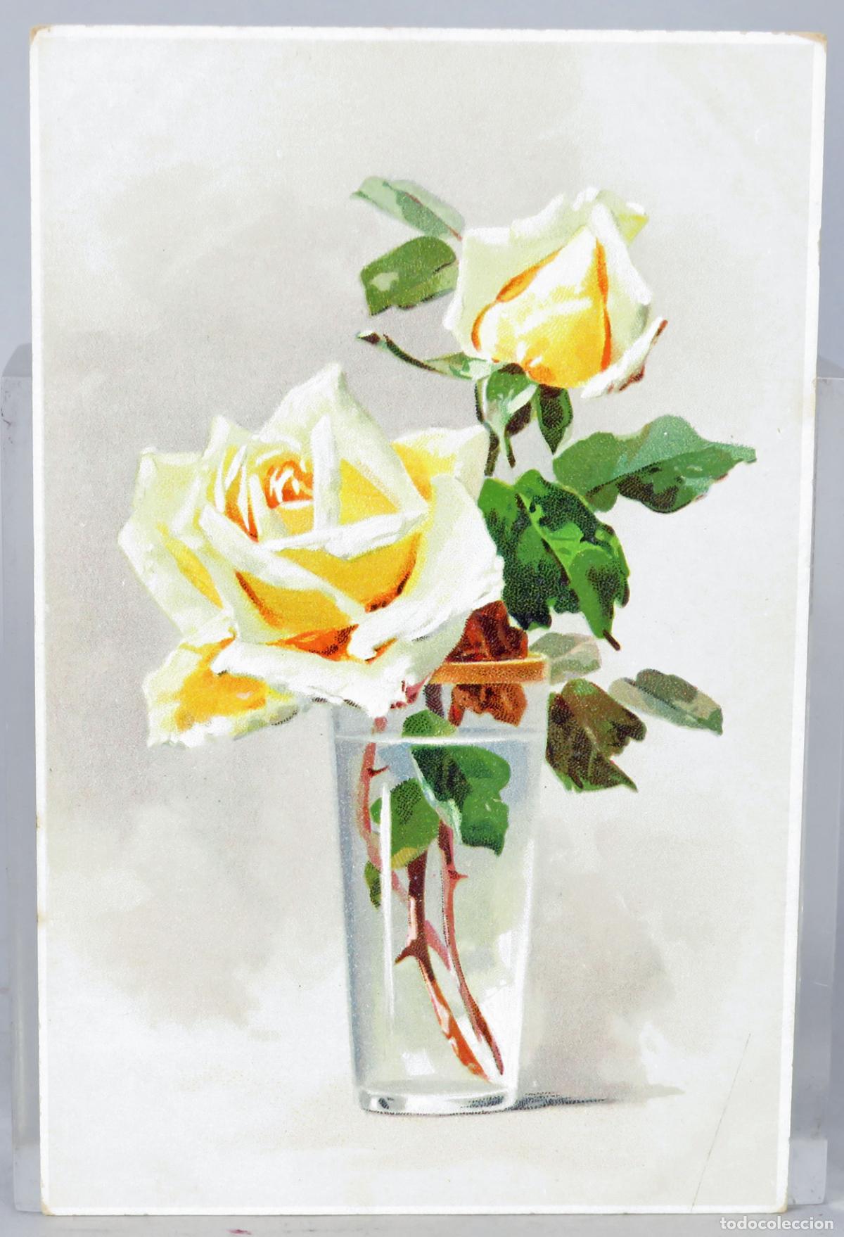 Postais: Postal alemana Vaso rosas amarillas cromolitograf&iacute;a M&L Serie 165 a&ntilde;os 20 sin circular