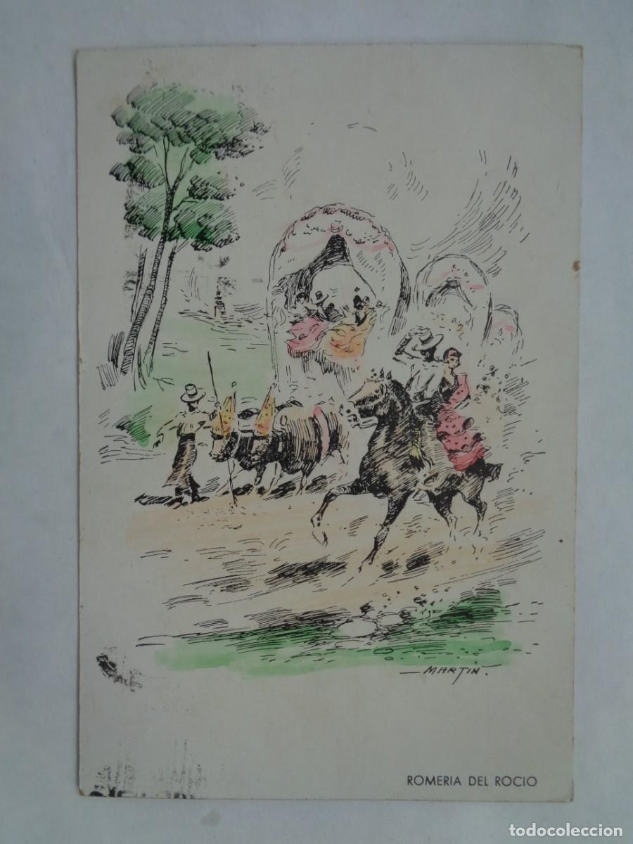 Postais: POSTAL CON DIBUJO DE LA ROMERIA DEL ROCIO, A&Ntilde;OS 40 . CIRCULADA A ROTA ( CADIZ ) EN 1946